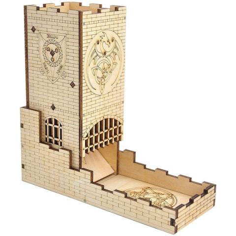 Castle Dice Tower with Tray - Laser Engraved Wood - Dungeoneers Den